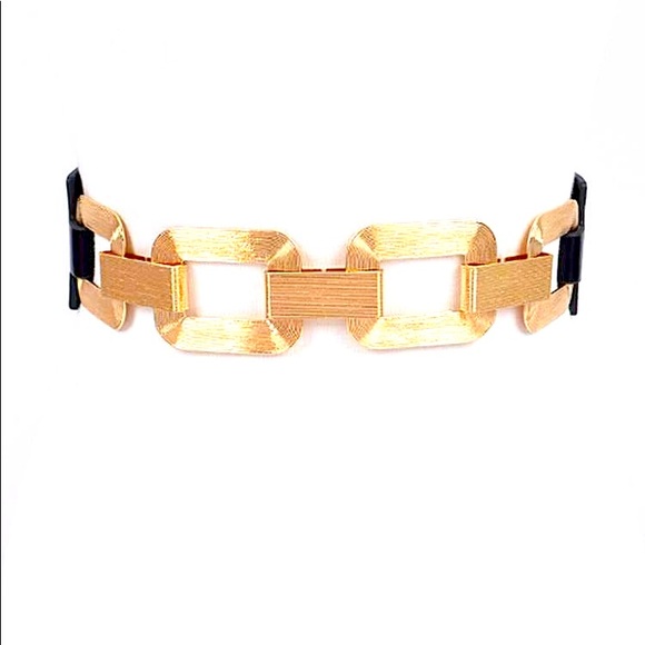 Accessories - Black & Gold Brushed Chain Accent Elastic Corset Waist Statement Belt